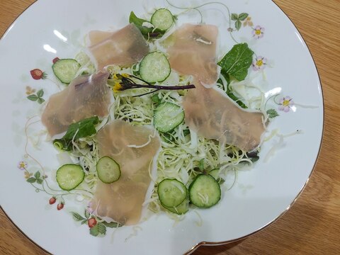 生ハム、紅菜苔のアマニ油サラダ